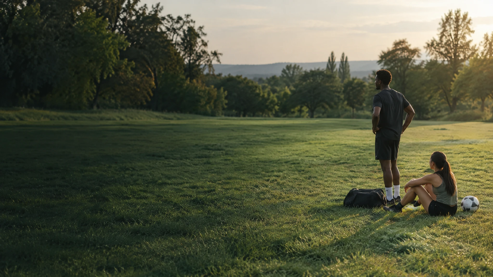 Athletes taking a pause on a sunlit outdoor playing field