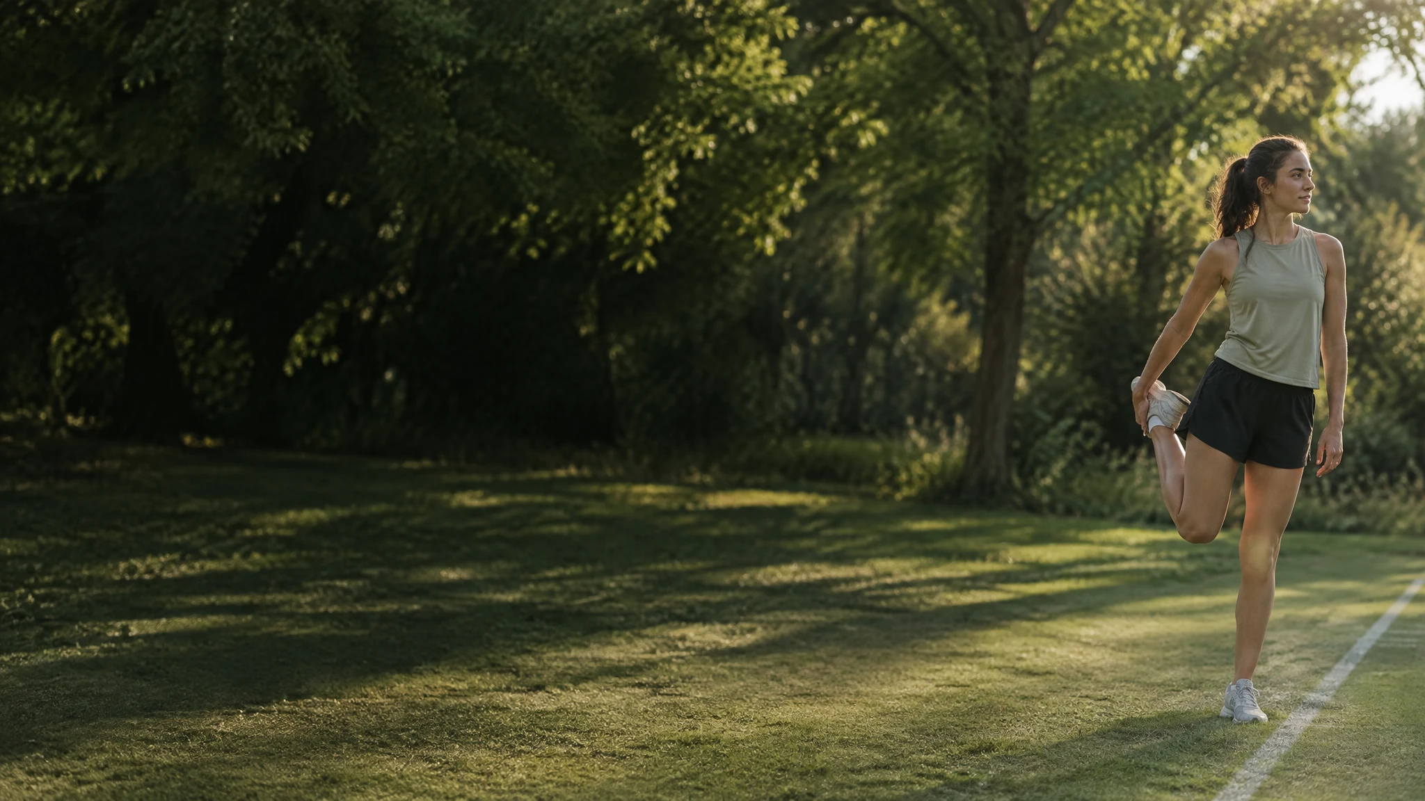 An athlete stretching beside an outdoor court in afternoon light